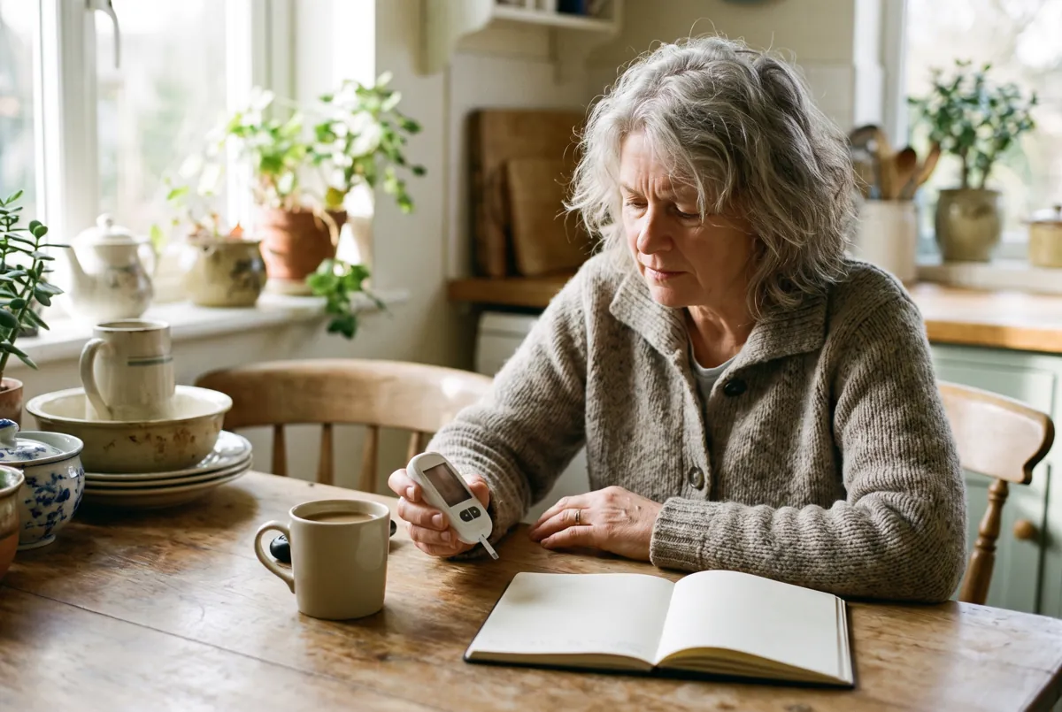 Woman in her 60s checking a glucose meter at her kitchen table