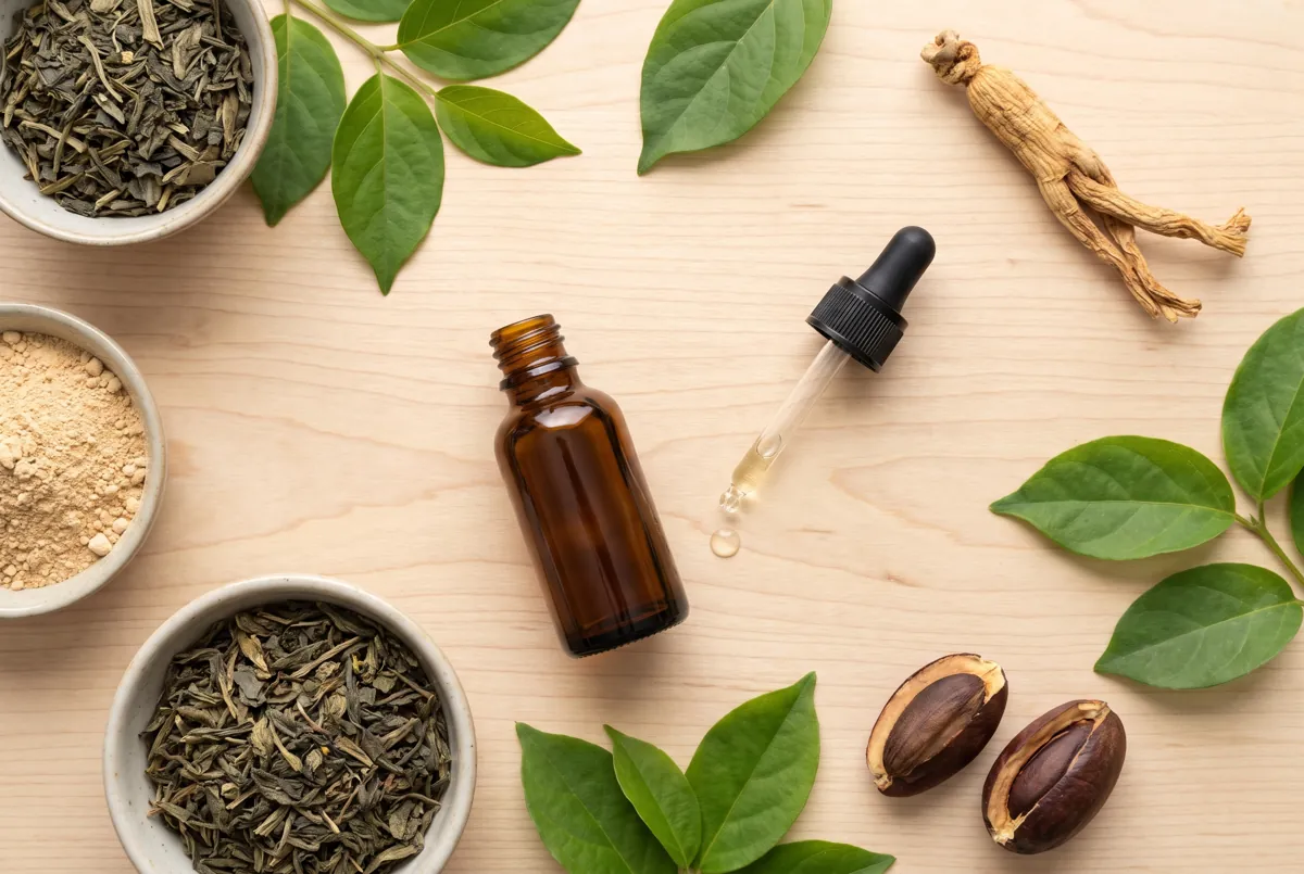 Amber dropper bottle surrounded by gymnema leaves, green tea, maca powder and ginseng root