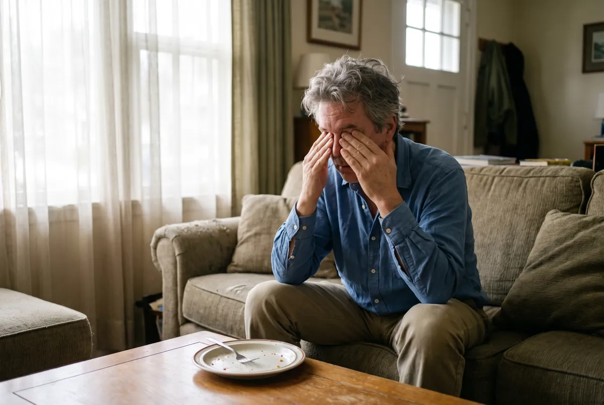 Man in his 60s feeling tired on the couch after lunch