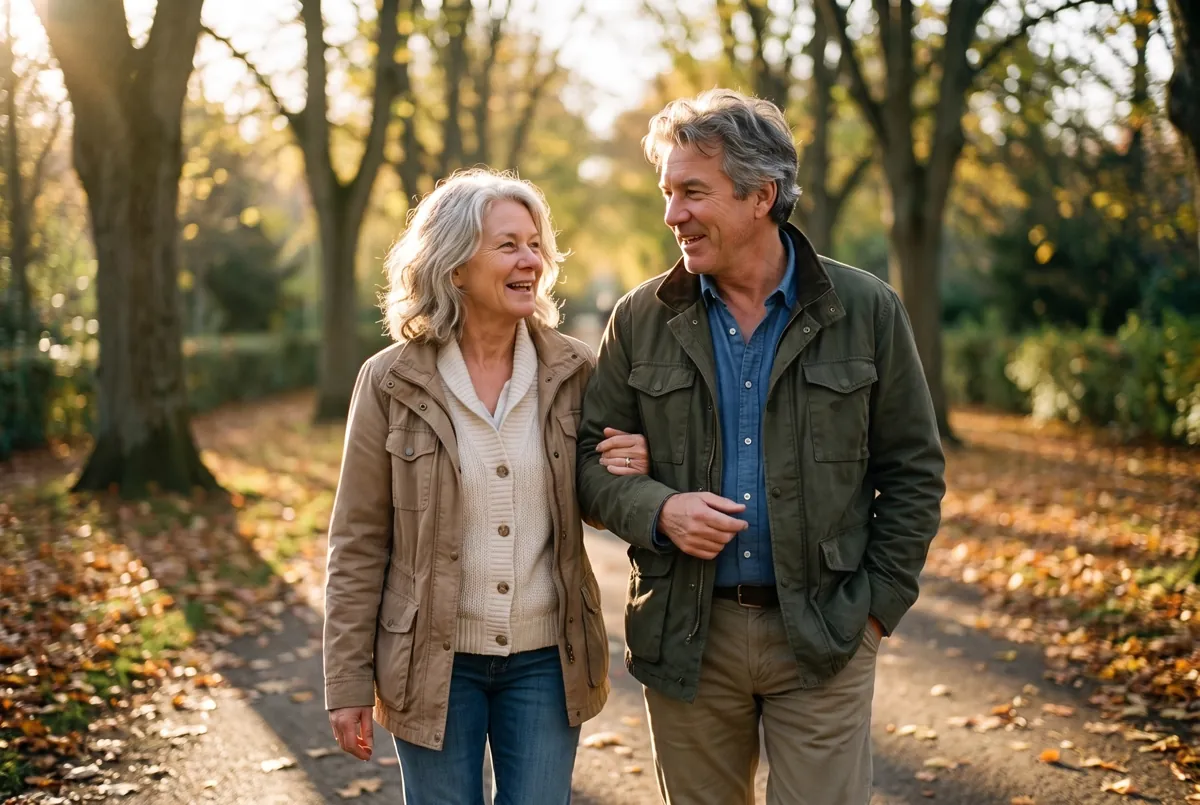 Couple in their 60s walking in a park