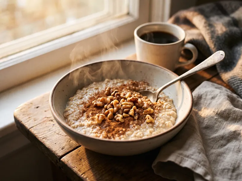 Bowl of oatmeal topped with cinnamon and walnuts