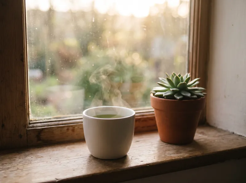 Cup of green tea on a sunny windowsill