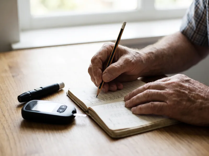 Older man writing numbers in a logbook next to a glucose meter