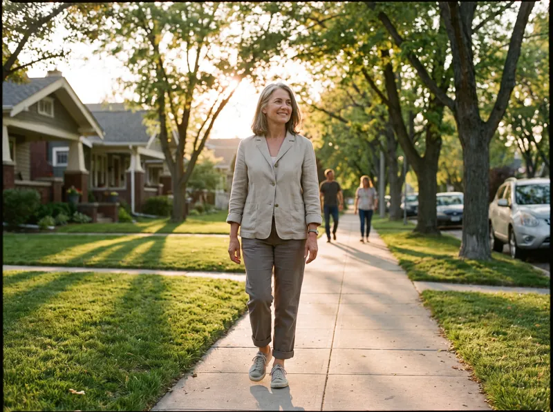 Woman in her late 50s walking on a sidewalk at sunset